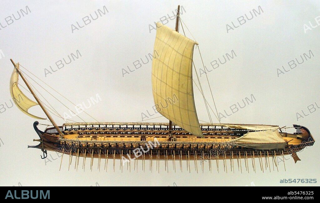 A trireme (from Latin triremis, literally 'three-oarer') was a type of galley, a Hellenistic-era warship that was used by the ancient maritime civilizations of the Mediterranean, especially the Phoenicians, ancient Greeks, Persians and Romans. The trireme derives its name from its three rows of oars on each side, manned with one man per oar. The early trireme was a development of the penteconter, an ancient warship with a single row of 25 oars on each side, and of the bireme, a warship with two banks of oars, probably of Phoenician origin. As a ship it was fast and agile, and became the dominant warship in the Mediterranean from the 7th to the 4th centuries BC, when they were largely superseded by the larger quadriremes and quinqueremes. Triremes played a vital role in the Persian Wars, the creation of the Athenian maritime empire, and its downfall in the Peloponnesian War.