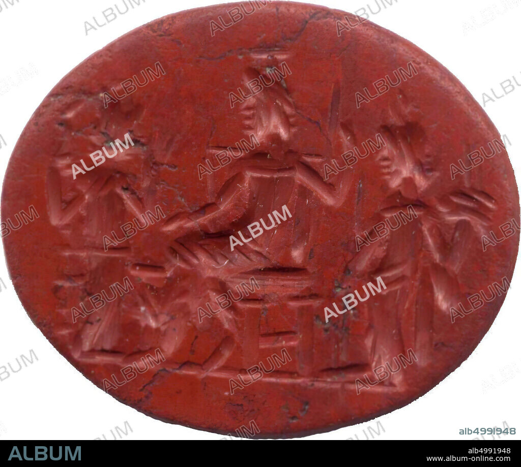 Vz: the god sits on a throne and seems to have a scepter, with his feet an animal (eagle?), On his left Fortuna with a cornucopia, on his right side a goddess with a long stick and objects in her left hand., gem, intaglio, ringstone, jasper, Color: red, Shape: oval, Processing: edge cut back at the back compared to front, Method: modeling with thick rounded wheel, detailing with two types or wheel grooves. , 16 x 12 mm, D. 2 mm, 2nd - 3rd century AD. 100-300 AD.