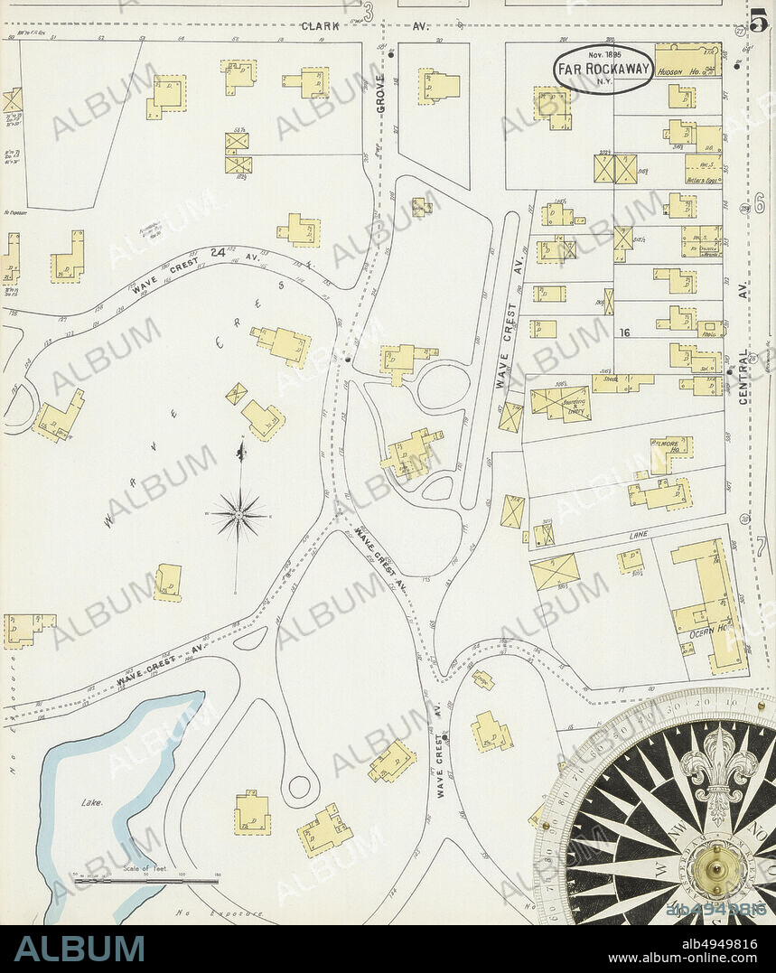 Image 5 of Sanborn Fire Insurance Map from Far Rockaway, Queens County, New York. Nov 1895. 9 Sheet(s), America, street map with a Nineteenth Century compass.