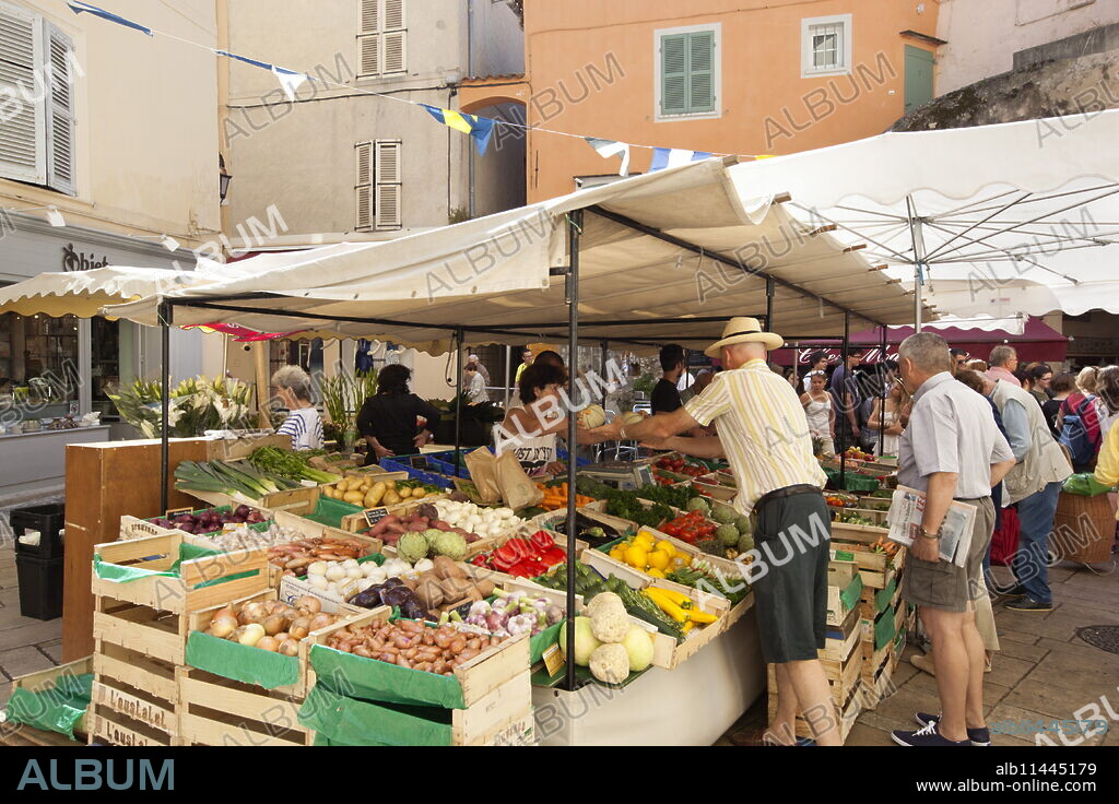 Local market, Place aux Herbes, Saint-Tropez, Var, Provence-Alpes-Cote d'Azur, Provence, France, Europe.