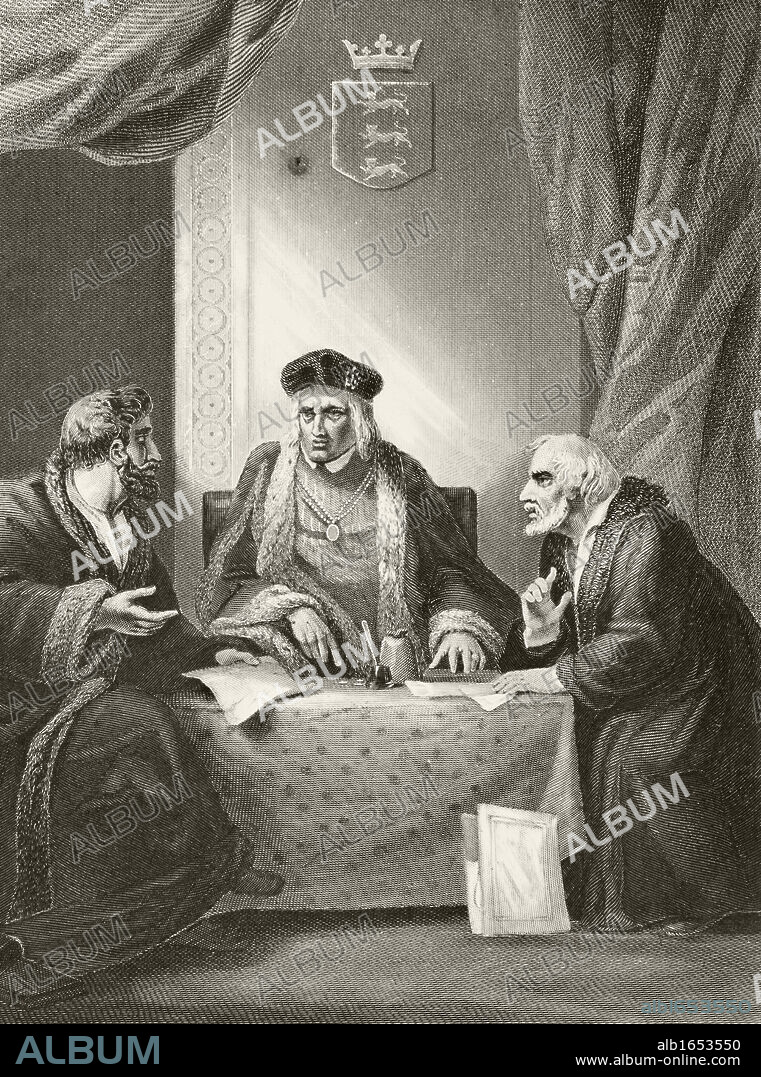 King Henry VII of England with Sir Richard Empson and Edmund Dudley, two of his councillors of the Council Learned in the Law. From The National and Domestic History of England by William Aubrey published London circa 1890.