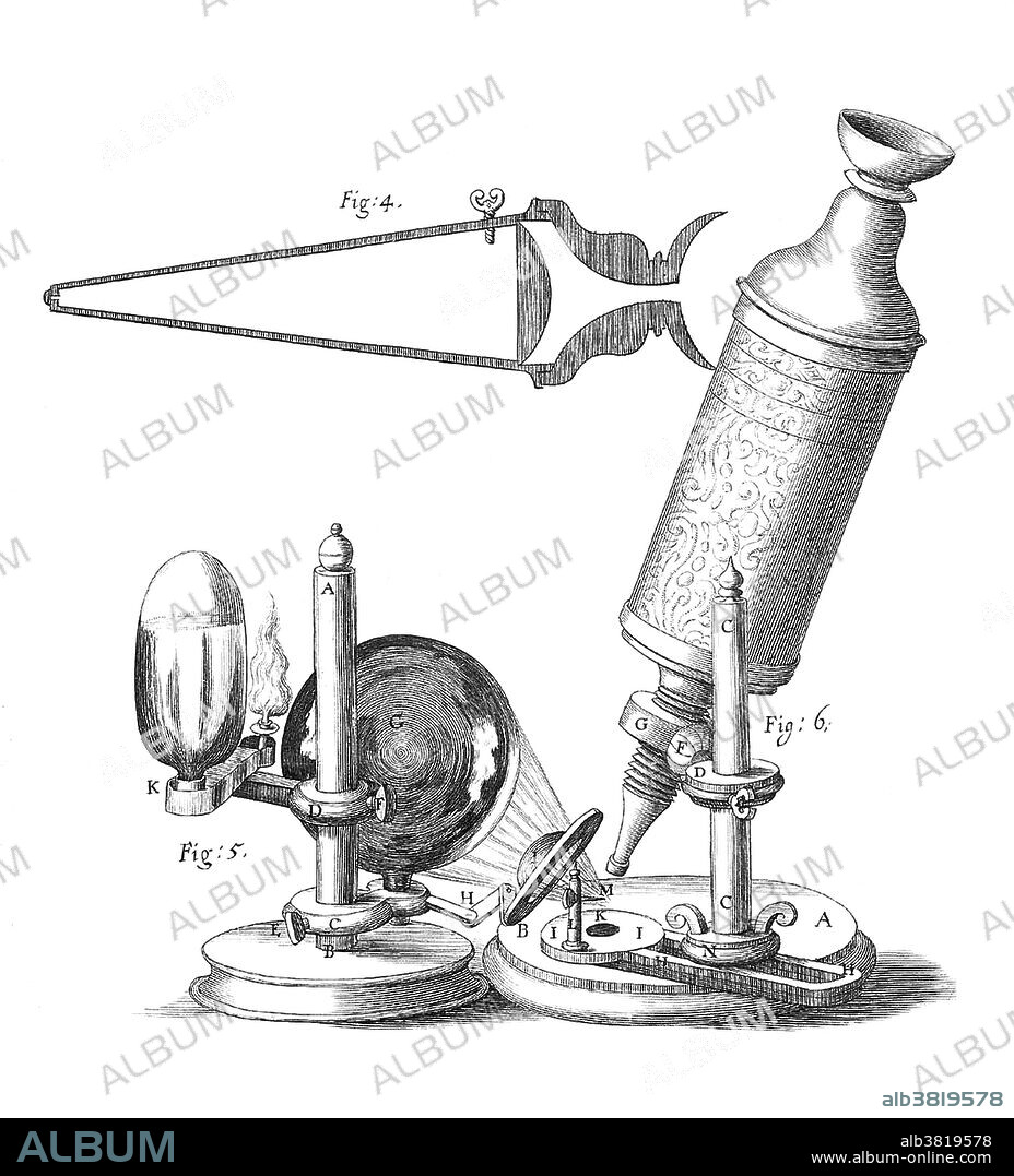 The hand-crafted, leather and gold-tooled microscope Robert Hooke used to make the observations for Micrographia (1665), was originally constructed by Christopher White in London. The microscope shared several common features with telescopes of the period: an eyecup to maintain the correct distance between the eye and eyepiece, separate draw tubes for focusing, and a ball and socket joint for inclining the body. The microscope body tube was constructed of wood and/or pasteboard and covered with fine leather. When the draw tubes were fully closed the microscope measured six inches long. Hooke used a bi-convex objective lens placed in the snout and two additional lenses, an eyepiece lens and a field lens. To combat dark specimen images, Hooke designed a method of concentrating light on his specimens. He passed light generated from an oil lamp through a water-filled glass flask to diffuse the light and provide a more even and intense illumination for the samples.