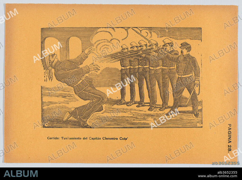 JOSE GUADALUPE POSADA. Page 28: the execution of Captain Cloromiro Cota by firing squad, from '36 Grabados' (Mexico, 1943). Artist: José Guadalupe Posada (Mexican, 1851-1913). Dimensions: 13 3/4 × 9 7/16 in. (35 × 24 cm). Publisher: Arsacio Vanegas Arroyo (Mexican, 1922-2001). Date: 1943.
See comment for 46.46.102.