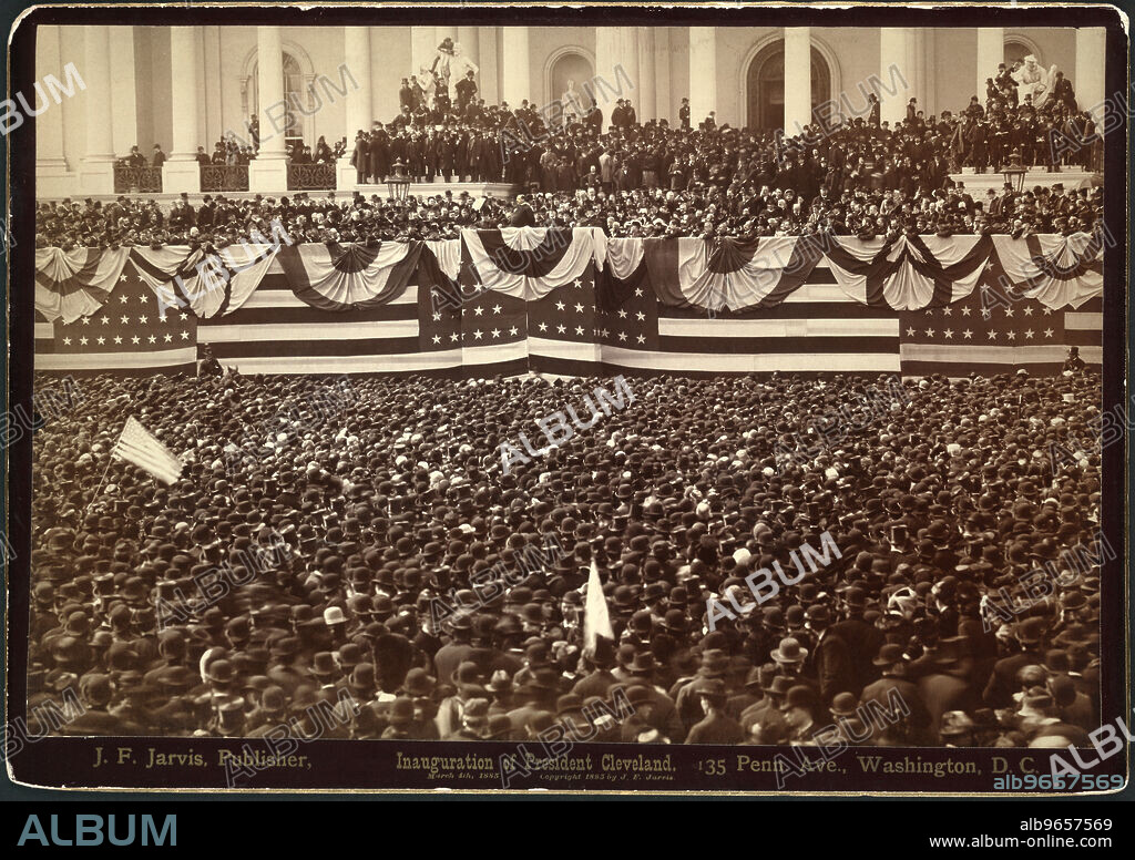 Inauguration of President Cleveland, U.S. President Grover Cleveland Delivering his Inaugural address to crowd, East Portico of U.S. Capitol, Washington DC, USA, Photograph by J.F. Jarvis, March 4, 1885.