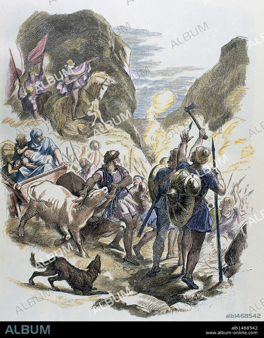 INVASIONES GERMANICAS. GODOS. Pueblo germánico procedente de Escandinavia que hacia el siglo I a. C. se establece entre las desembocaduras de los ríos Oder y Vístula donde sometieron a vándalos y rugios. "LOS GODOS FRANQUEAN LOS ALPES". Grabado coloreado.