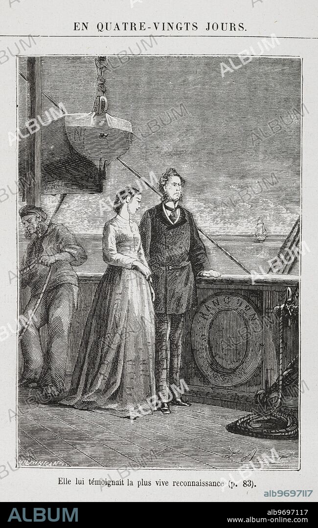 Phileas Fogg and Aouda , as passengers on board a ship . Illustration to the novel ' Around the World in Eighty Days '.