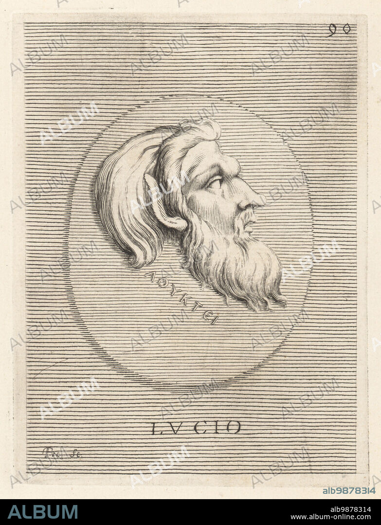Lucius of Patras depicted with donkey ears. Lucius was an ancient Greek philosopher and author of Lucius or Metamorphoses, 2nd century BC. The work was later plagiarized as The Golden Ass by Lucian, Apuleius and Machiavelli. From a carnelian gem. Lucio. Copperplate engraving by Etienne Picart after Giovanni Angelo Canini from Iconografia, cioe disegni d'imagini de famosissimi monarchi, regi, filososi, poeti ed oratori dell' Antichita, Drawings of images of famous monarchs, kings, philosophers, poets and orators of Antiquity, Ignatio deLazari, Rome, 1699.
