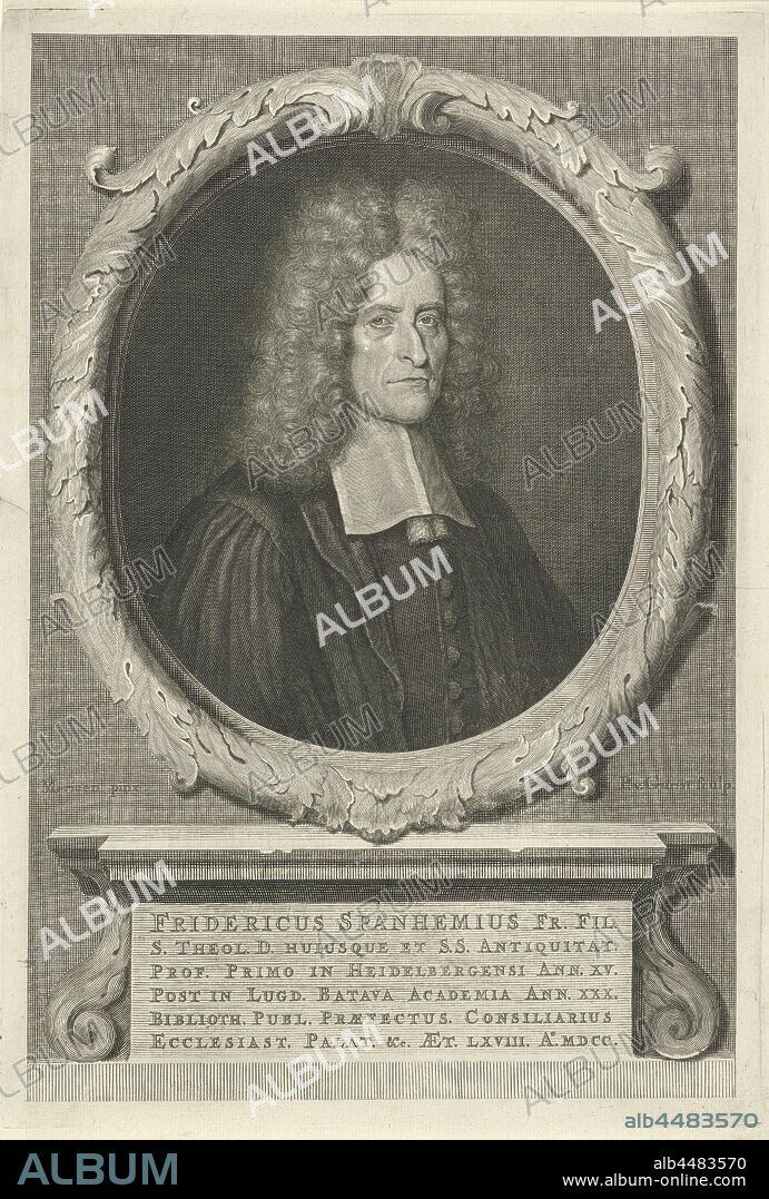 Portrait of Frederick Spanheim the Younger at the age of 68, Frederick Spanheim the Younger, Swiss theologian and professor at the University of Utrecht at the age of 62. With Latin caption, Frederick Spanheim (II), Pieter van Gunst (mentioned on object), Amsterdam, 1700 - 1731, paper, engraving, h 336 mm × w 229 mm.