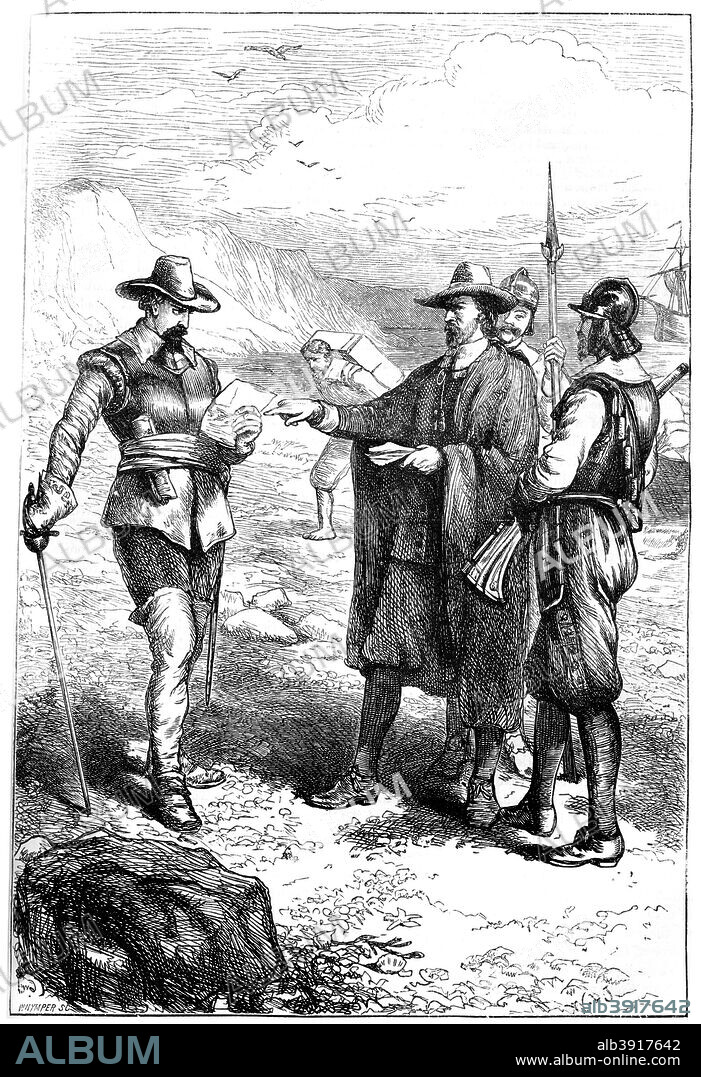 Samuel Gorton's landing in America, c1636 (c1880). Fearing persecution for his religious beliefs, Gorton (1592-1677) fled England for the American colonies in 1636. He founded a religious sect knows as the Gortonites, and continually came into conflict with the established Puritan church in the New World. As a result he was banished from Massachusetts and joined Roger Williams' colony of Providence, Rhode Island. A print from Cassell's History of the United States, by Edmund Ollier, Volume I, Cassell Petter and Galpin, London, c1880.