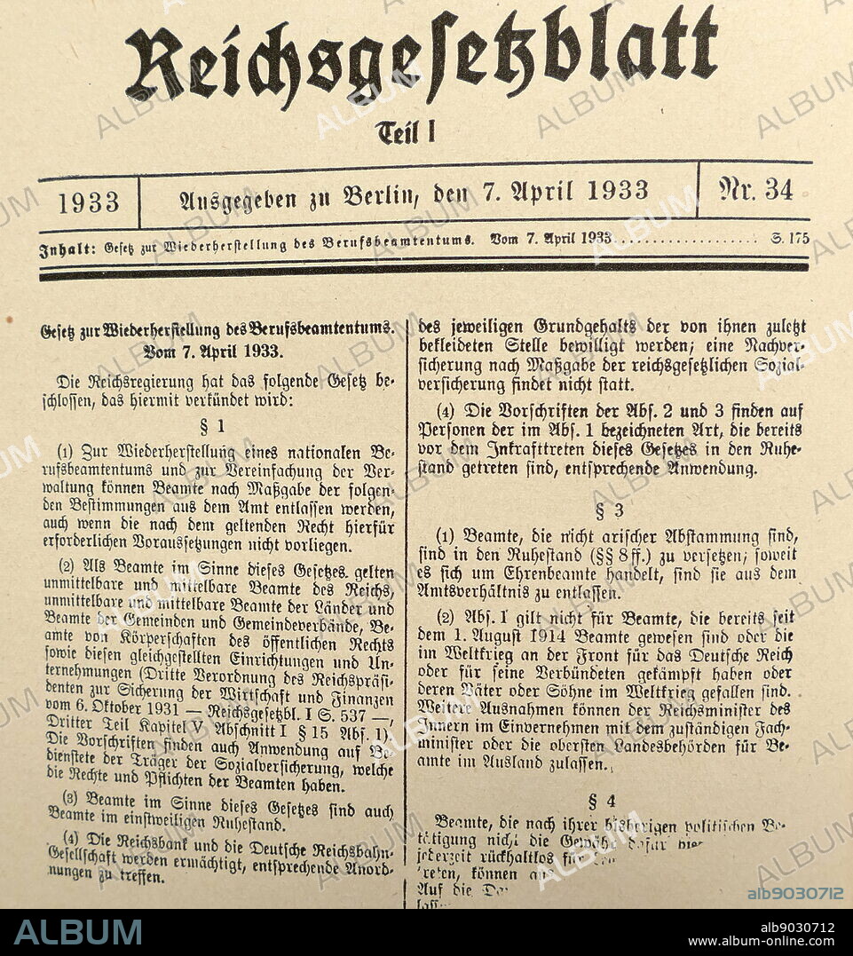 The Law for the Restoration of the Professional Civil Service (Berufsbeamtengesetz), also known as Civil Service Law, Civil Service Restoration Act, and Law to Re-establish the Civil Service, was a law passed by the National Socialist regime of Germany on 7 April 1933, two months after Adolf Hitler had attained power. Article 1 of the Law claimed that in order to re-establish a "national" and "professional" civil service, members of certain groups of tenured civil servants were to be dismissed. Civil servants who were not of Aryan descent were to retire. Non-Aryans were defined as someone descended from non-Aryans, especially those descended from Jewish parents, or grandparents. This meant that Jews, other non Aryans, and political opponents could not serve as teachers, professors, judges, or other government positions. Shortly afterward, a similar law was passed concerning lawyers, doctors, tax consultants, musicians, and notaries.