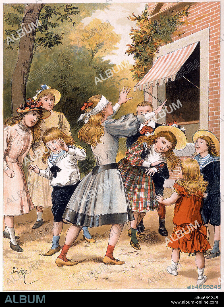 Enfants jouant a colin-maillard. Illustration par A. MARIE (1848-1891) pour 'Tout a la joie' de ZARI, 1890. Credit : Collection KHARBINE-TAPABOR.