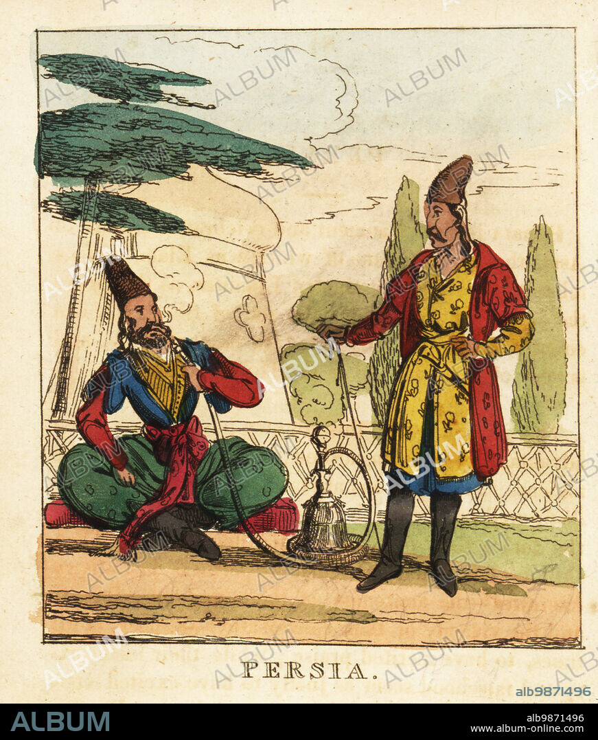 Costumes of Persia, 19th century. A bearded man sits on a divan smoking a hookah pipe. Another man in fez, coat, robe and boots with a dagger. Handcoloured copperplate engraving from The World in Miniature, or Panorama of the Costumes, Manners & Customs of All Nations, John Bysh, London, 1825.