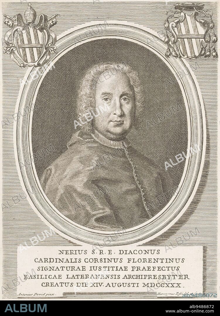 Portrait of Cardinal Neri Maria Corsini, print maker: Girolamo Rossi (II), (mentioned on object), after: Antonio David, (mentioned on object), publisher: Domenico de'Rossi, (mentioned on object), print maker: Rome, after: Italy, publisher: Rome, Vaticaanstad, 1730 - 1762, paper, engraving, h 225 mm - w 166 mm.