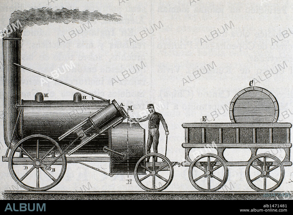 'THE ROCKET' (El Cohete). Locomotora diseñada por el ingeniero e inventor británico George Stephenson (1781-1848). Fue la primera que cubrió el trayecto con pasajeros entre las ciudades de Liverpool y Manchester (año 1830), a una velocidad media de 30 km / h. Grabado S. XIX.