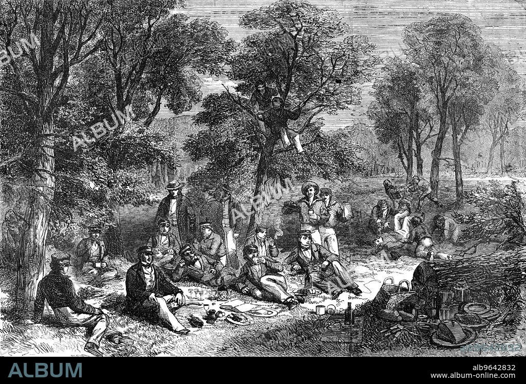 W THOMAS. A Pic-Nic in the Baltic - drawn by J. W. Carmichael, 1856. British officers enjoying a break from the Crimean War. 'This Picnic, sketched by Mr. Carmichael, was proposed on board H.M.S. Edinburgh, when she was lying off Nargen, July 30, 1855. The First Lieutenant kindly allowed all the officers leave that could be spared. They landed at ten a m...and walked four miles inland to a Russian village...they unpacked the provisions, and sat down comfortably and primitively to a most refreshing meal, seasoned by good spirits and all the frolic of a sailors' treat on shore'. From "Illustrated London News", 1856.
