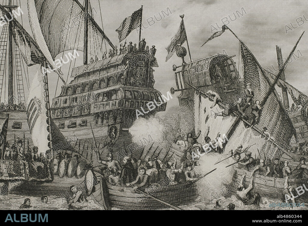 Batalla de Lepanto (7 de octubre de 1571). Combate naval entre las flotas del Imperio Otomano y de la Liga Santa, compuesta por España, Venecia y el Papado. Ilustración por Urrabieta. Grabado por A. Roca. Historia de Cataluña y de la Corona de Aragón, por Victor Balaguer. Barcelona,1883.
