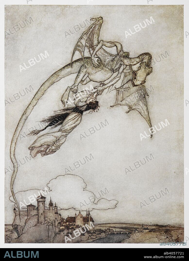 ARTHUR RACKHAM et JACOB Y WILHELM GRIMM. Illustration of a dragon carrying off the princess from The Four Clever Brothers. Grimm's Fairy Tales. Illustrated by Arthur Rackham. London : William Heinemann, [1925]. 'The King's only daughter had been carried off by a Dragon.'. Source: 12410.r.7. facing page 232.