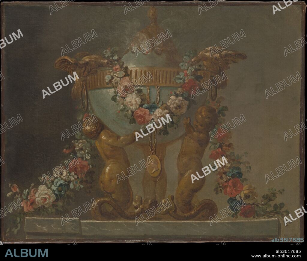 FRENCH PAINTER, 18TH CENTURY. Perfume-burner supported by baby tritons and garlanded with flowers. Artist: French Painter , 18th century. Culture: French. Dimensions: Overall: 21 × 26 5/8 in. (53.3 × 67.6 cm);
Framed: 23 1/2 × 30 in. (59.7 × 76.2 cm). Date: 18th century.
One of a pair with 07.225.457b.