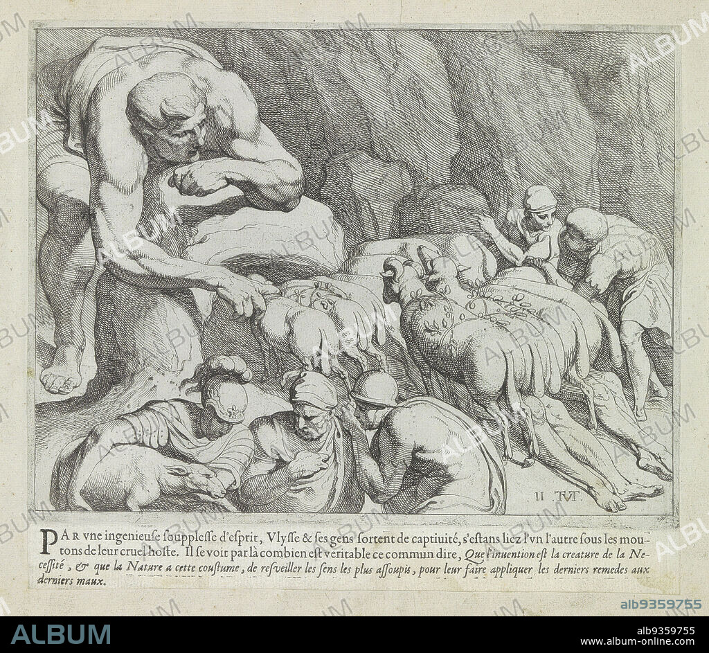 Odysseus escapes from the cave of Polyphemus, Les Travaux d'Ulysse (series title), The works of Odysseus (series title), The giant Polyphemus, blinded by Odysseus, opens his cave to let out his flock of sheep. Odysseus and his men escape the giant by hanging out among the rams and sheep. The print is part of an album., print maker: Theodoor van Thulden (mentioned on object), intermediary draughtsman: Theodoor van Thulden, Paris, 1633, paper, etching, engraving, letterpress printing, height 227 mm × width 258 mm.
