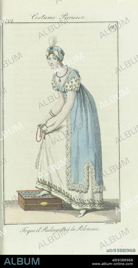 Journal des Dames et des Modes, Frankfurt edition 18 avril 1808, Costume Parisien (16): Toque et Redingotte à la Polonaise, According to the accompanying text (p. 77): Toque à la Polonaise with aigrette. As jewelry earrings with pearls, a pearl necklace and a bracelet of coral. Gown of Indian muslin, embroidered with a border of palm leaves. Puff sleeves with embroidery. Doliman à la Polonaise of blue silk, trimmed with lace. (String of blood coral in hand) The print is part of the fashion magazine Journal des Dames et des Modes, published in Frankfurt as a copy of the French edition by Pierre de la Mésangère, (1798-1848)., print maker: J. Neubauer (mentioned on object), publisher: J.P. Lemaire, Frankfurt am Main, 1808, paper, engraving, height 188 mm × width 115 mm.