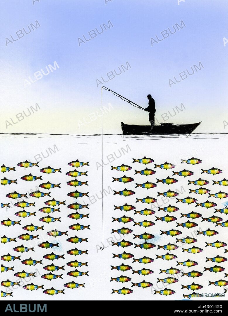 Unsuccessful fisherman with large group of fish ignoring fishing hook. -  Album alb4301450