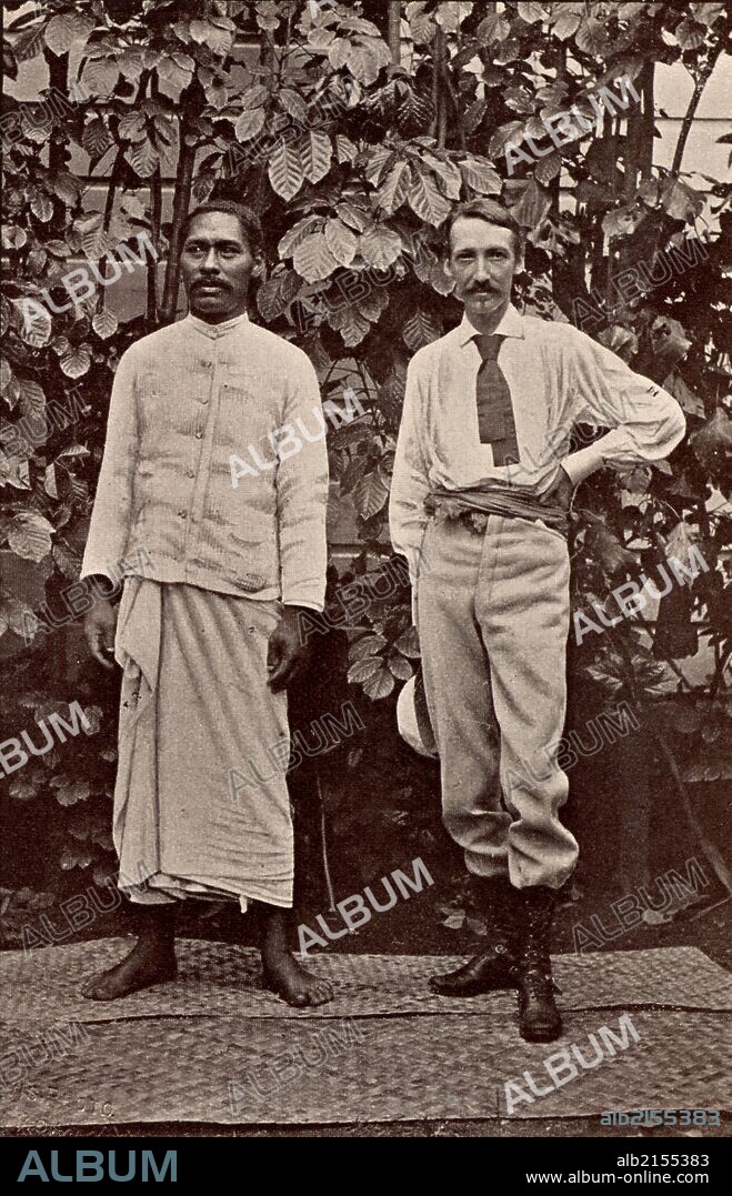 Robert Louis Balfour Stevenson (1850-1894) Scottish author, born in Edinburgh. Stevenson in Samoa with Chief Tui Malealiifano. From "Vailima Letters" (London, 1895), correspondence from Stevenson to Sidney Colvin 1890-1894. Photograph. (Photo by: Universal History Archive/UIG via Getty Images).