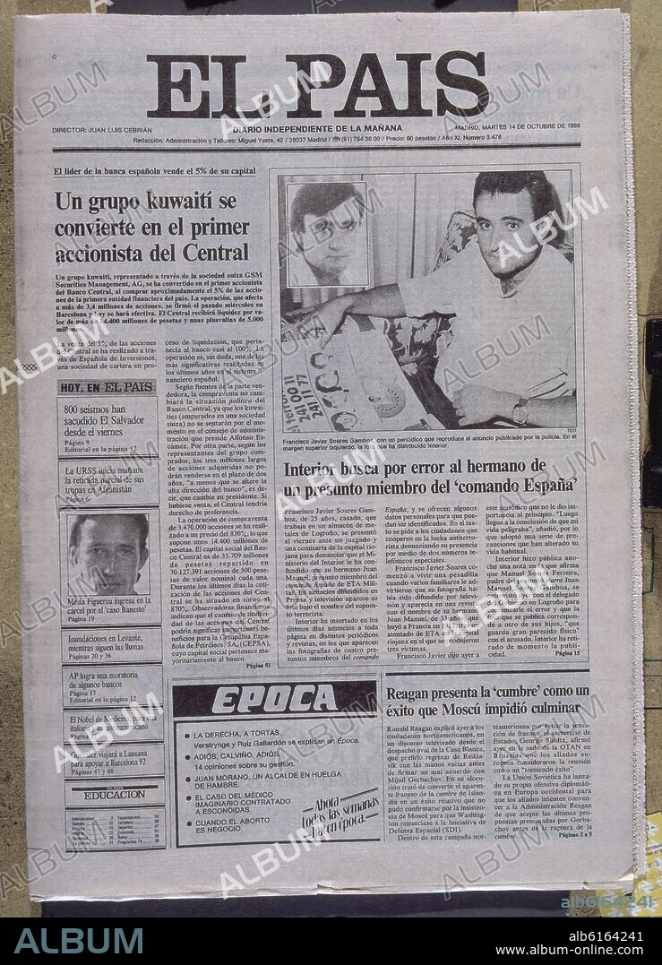 PERIODICO-EL PAIS- PORTADA DEL 14/10/1986- CONFUSION EN BUSQUEDA DE UN  MIEMBRO DE ETA.