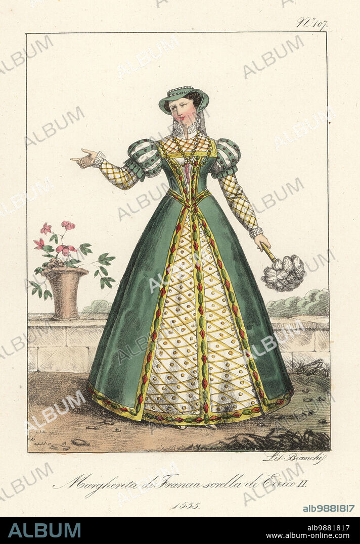 Margaret of Valois, Duchess of Berry, Duchess of Savoy, sister of King Henry II of France, 1555. In hat, green gown with puff shoulders, bejeweled trim, embroidered underskirt, with fan of feathers. Marguerite de France soeur de Henry II. Handcoloured lithograph by Lorenzo Bianchi after Hippolyte Lecomte from Costumi civili e militari della monarchia francese dal 1200 al 1820, Naples, 1825. Italian edition of Lecomtes Civilian and military costumes of the French monarchy from 1200 to 1820.