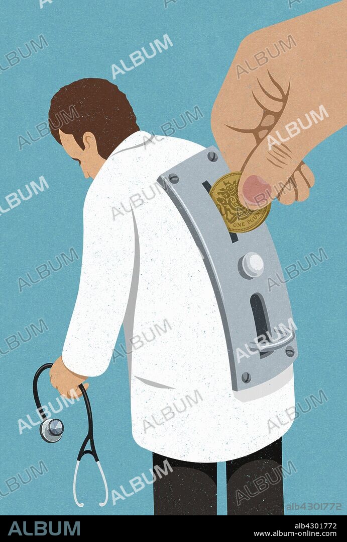 Hand inserting coin into money slot on doctor's back.