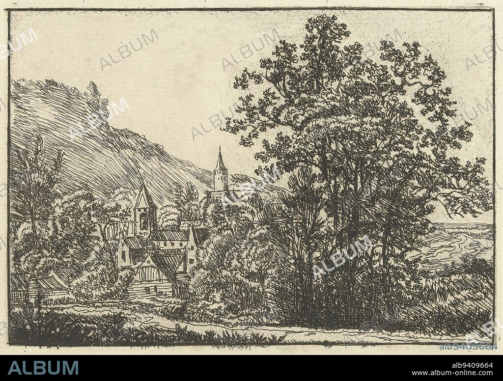 Landscape with village, Johannes Arnoldus Boland, after anonymous, c. 1860 - c. 1900, print maker: Johannes Arnoldus Boland, anonymous, Amsterdam, c. 1860 - c. 1900, paper, etching, h 142 mm - w 180 mm.