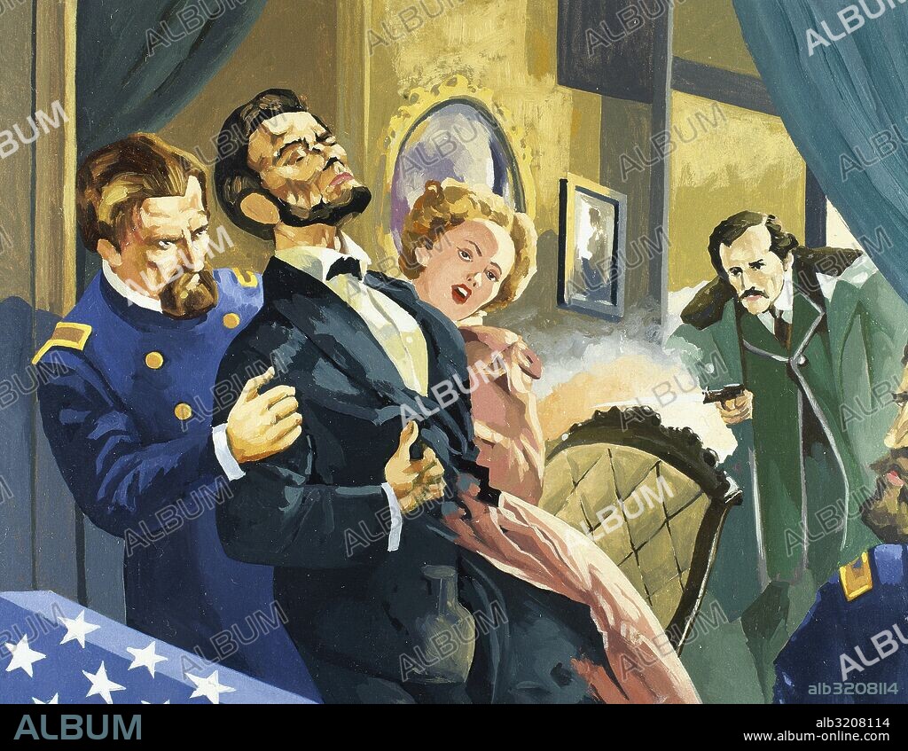 LINCOLN, Abraham (cerca de Hodgenville, 1809-Washington, 1865). Político estadounidense. Elegido presidente en 1860, su elección desencadenó la secesión de los estados del Sur, por ser partidario de la no expansión de la esclavitud. En el año 1864 fue asesinado. ASESINATO DE LINCOLN POR EL EXTREMISTA SUDISTA JOHN WILKES BOOTH, EL 14 DE ABRIL DE 1865. Acuarela.