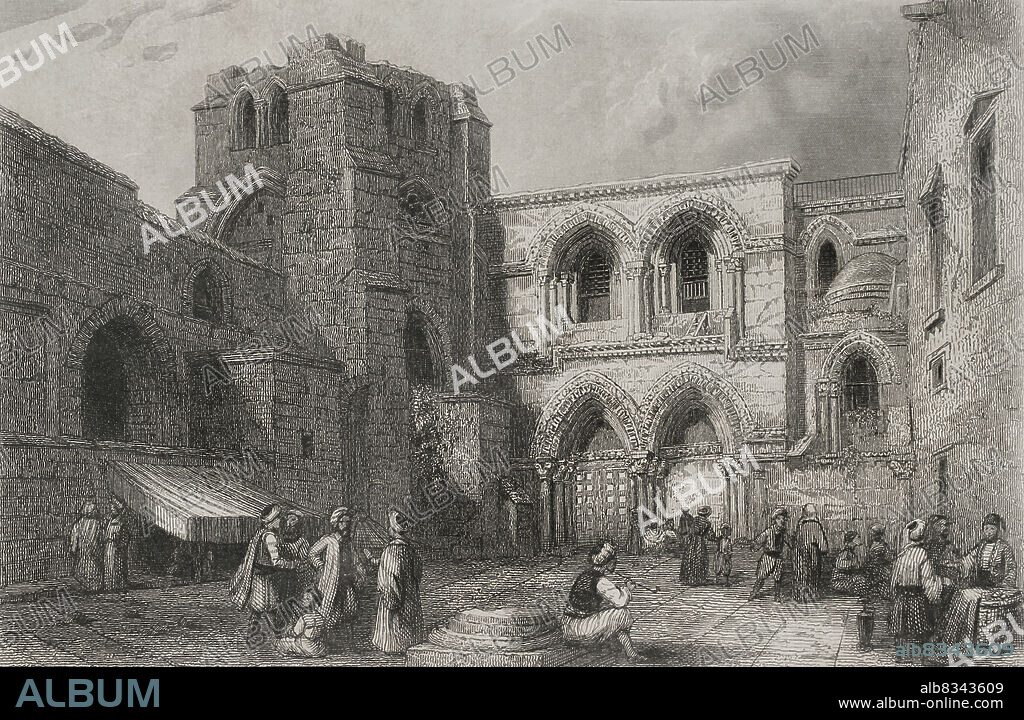 Historia de Israel. Jerusalén. Entrada a la Iglesia del Santo Sepulcro. Grabado. Historia Universal, por César Cantú. Tomo III, 1855.