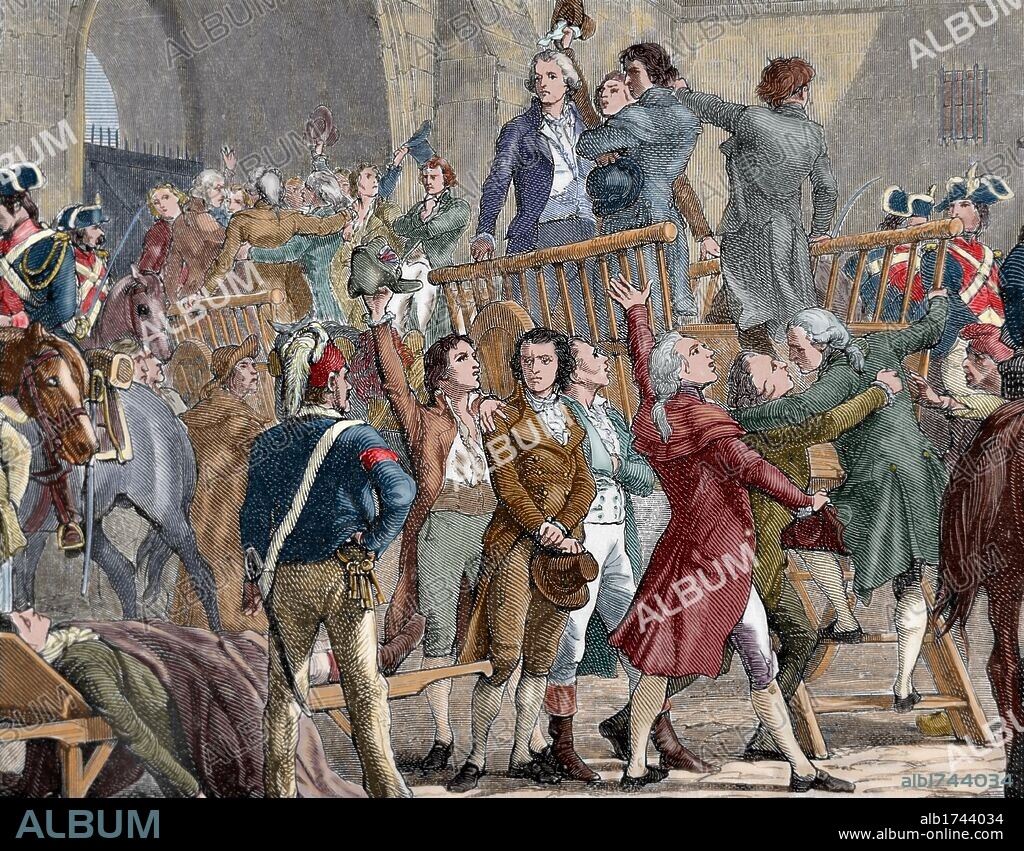 French Revolution (1789). The Girondists out of jail to go to the gallows. Moderate politicians and federalists, belonging to the provincial bourgeoisie, were accused of conspiring against the unity of the Republic. Its leaders were beheaded by order of Robespierre in 1793. Were known as Rolandistes or Brissotins. Colored engraving. 19th century.