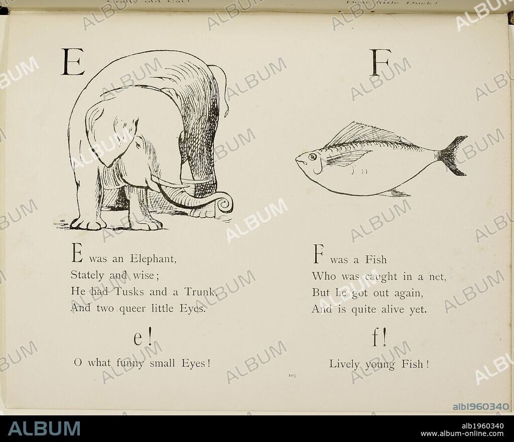 Elephant and fish Illustrations and verse from Nonsense Alphabets by Edward Lear. . Nonsense Botany, and Nonsense Alphabets, Fifth edition. Frederick Warne & Co.: London & New York, 1889. Source: Cup.400.a.42 103.