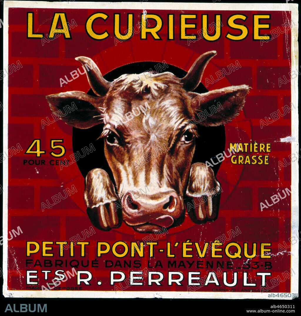 Etiquette de Fromage 'La Curieuse' Pont L'Eveque de Mayenne. Credit Collection Grob/Kharbine Tapabor.