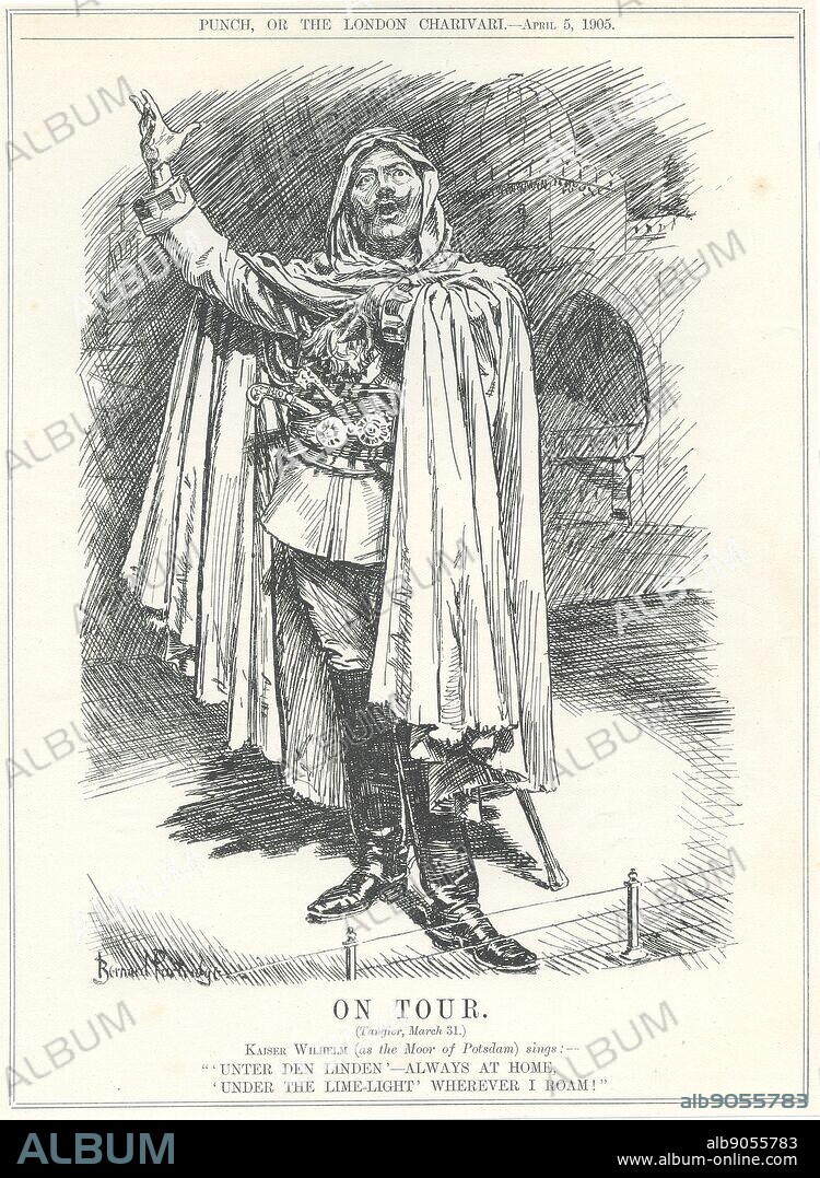 First Moroccan Crisis 1905-1906. Wilhelm II, Emperor of Germany, in Tangier, 31 March 1905, greeted the Sultan of Morocco as an independent sovereign and offered him protection from any French attempt at colonisation. Cartoon by Bernard Partridge from 'Punch', London, 5 April 1905.