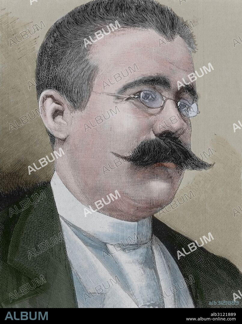 BELLVER Y RAMON, Ricardo (Madrid,1845-Madrid, 1924). Escultor español. Estaba influido por las tendencias historicistas y realistas. Esculpió monumentos conmemorativos, sepulcros e imágenes religiosas. Grabado coloreado del siglo XIX.