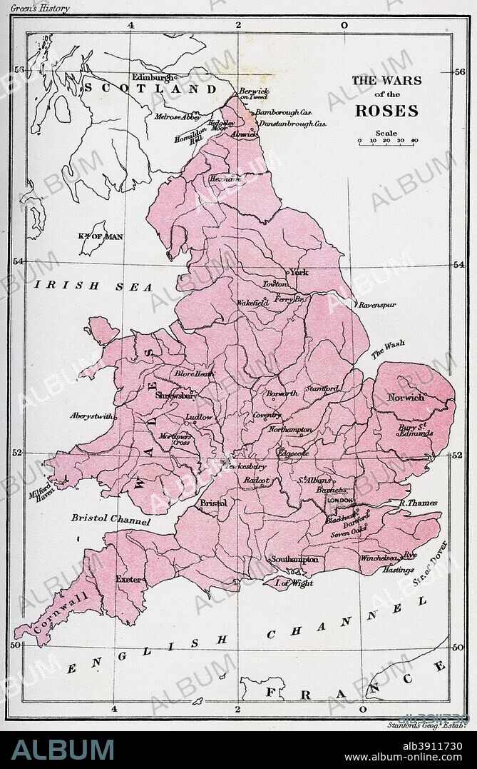 Map of the Wars of the Roses, 15th century (1893). The Wars of the Roses was a civil war fought over the throne of England between adherents of the House of Lancaster and the House of York. The intermittent conflict lasted from 1455 until the decisive defeat of Richard III by Henry Tudor at Bosworth Field in 1485. An illustration from A Short History of the English People, by John Richard Green, illustrated edition, Volume II, Macmillan and Co, London, New York, 1893.