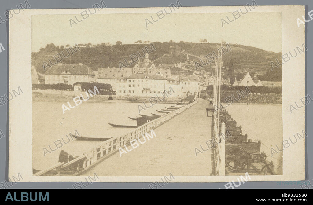 Boat bridge over the Rhine near Koblenz, Germany, Ship bridge near Coblenz, Schiffbrücke bei Coblenz (title on object), anonymous, Koblenz, 1860 - 1875, paper, cardboard, albumen print, height 62 mm × width 104 mm.
