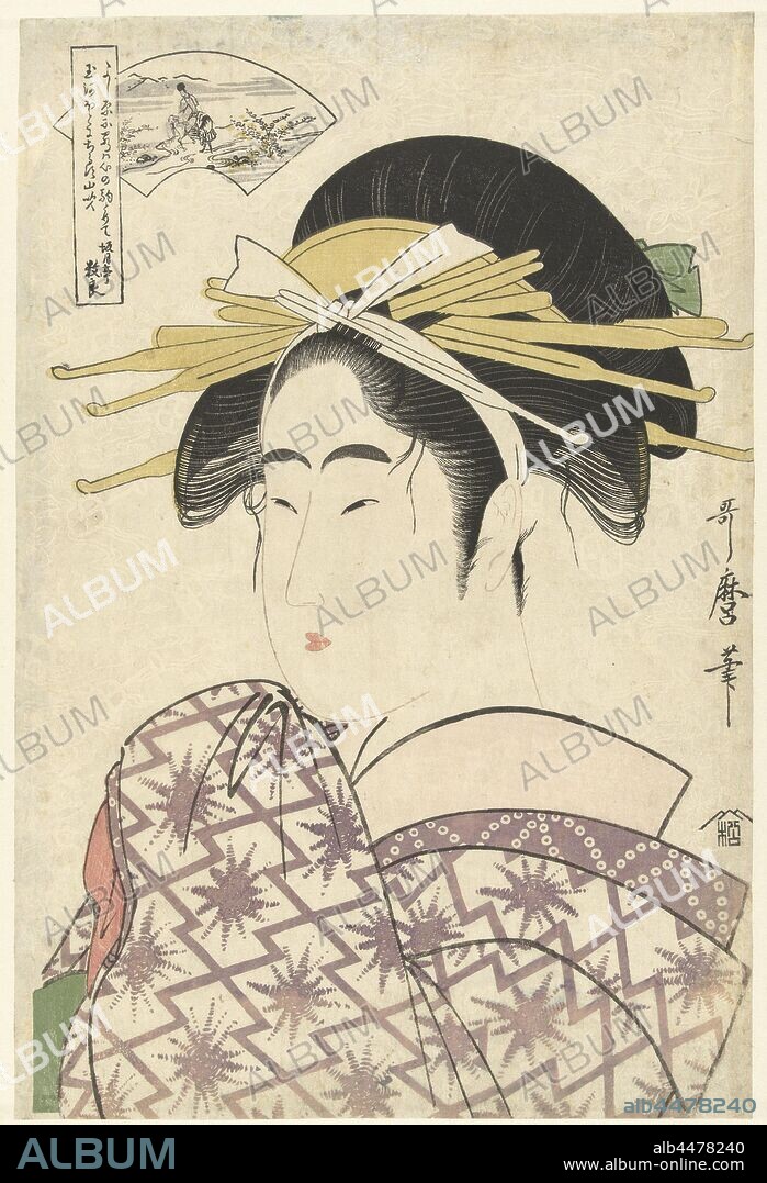 Courtesan and the Ide Tama river The six Tama rivers (series title), Bust portrait of a courtesan with a white headband and sleeve at face, fan-shaped cartouche in the upper left, in which a man on horse crossing a river with yamabuki bushes on the banks, referring to the Ide Tama river in the province of Yamashiro, the patterns of horseshoes, yamabuki blossoms and waves in blind print on the background of the print and the poem in the elongated cartouche at the top left are also references to the Ide Tama river. (bijinga), Kitagawa Utamaro (mentioned on object), 1795 - 1800, paper, colour woodcut, h 374 mm × w 257 mm.