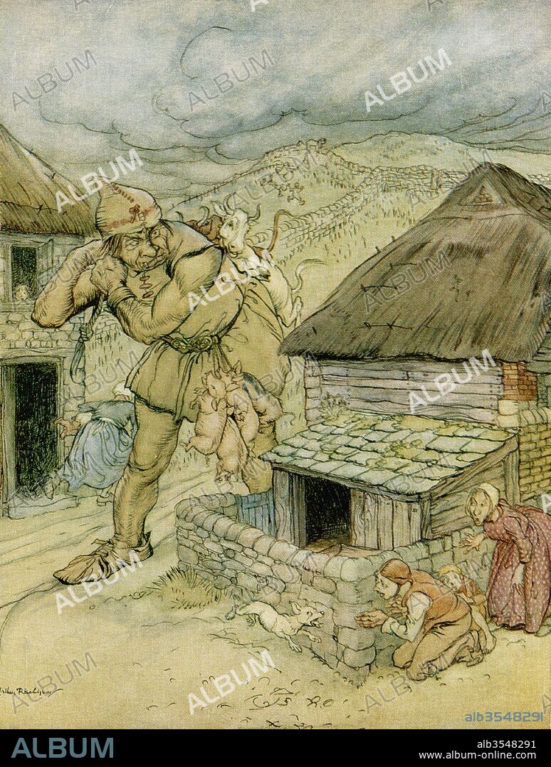 The Giant Cormoran was the terror of all the countryside. Illustration to Jack the Giant Killer from the book English Fairy Tales retold by F.A. Steel with illustrations by Arthur Rackham, published 1927.