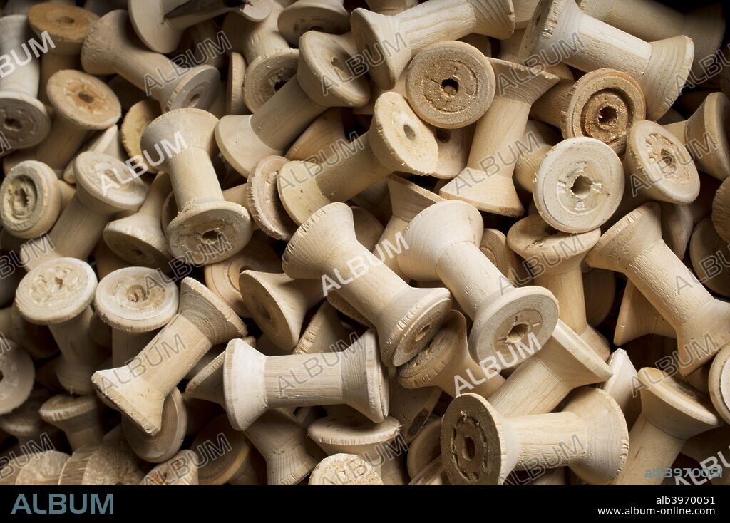 Bobbins for cotton reels awaiting waxing, Stott Park Bobbin Mill, Cumbria, c2014.