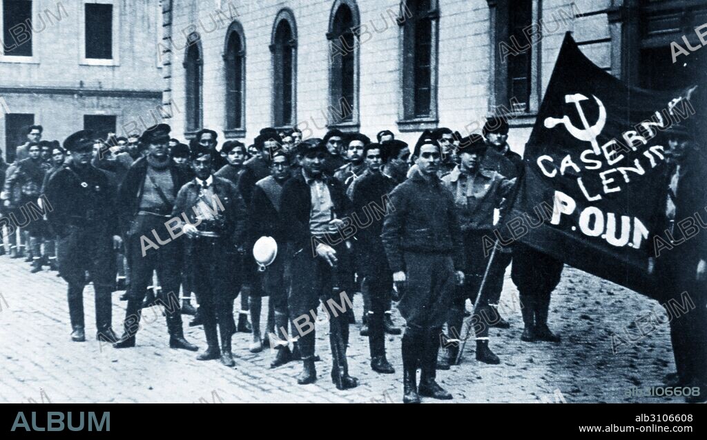 POUM militia guards the Headquarters of the POUM in Barcelona 1936. In the background stands British writer George Orwell. The Workers' Party of Marxist Unification (Spanish: Partido Obrero de Unificación Marxista, POUM; Catalan: Partit Obrer d'Unificació Marxista) was a Spanish communist political party formed during the Second Republic and mainly active around the Spanish Civil War.