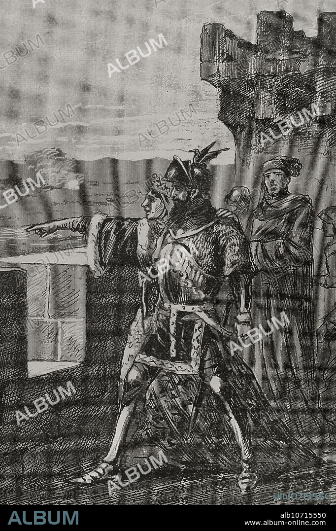 Revuelta del conde de Urgel (1413-1414). Insurrección militar dirigida por Jaime II de Urgel (1380-1433) contra el rey Fernando I de Aragón (1380-1416), como consecuencia del desacuerdo que hubo en el Compromiso de Caspe en la elección del sucesor del rey de Aragón Martín I el Humano. Asedio de Balaguer (julio-octubre de 1413). Jaime de Urgel se recluyó en Balaguer, cuyas tropas estaban dirigidas por Ramón Berenguer de Fluvià a la espera de ayuda inglesa. El rey Fernando preparó un asedio en julio de 1413, el cual finalizó con la rendición del conde al rey el 31 de octubre de 1413. Don Jaime de Urgel y su madre en el adarve de las murallas de Balaguer. Grabado. "Glorias Españolas". Tomo II. Publicada en Barcelona, 1890.