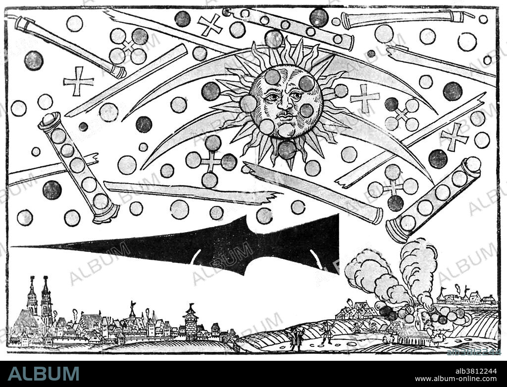 16th century woodcut by Hans Glaser. At sunrise on the April 14, 1561, the citizens of Nuremberg beheld "A very frightful spectacle." The sky appeared to fill with cylindrical objects from which red, black, orange and blue white disks and globes emerged. Crosses and tubes resembling cannon barrels also appeared whereupon the objects promptly "began to fight one another." After about an hour of battle, the objects seemed too catch fire and fell to Earth, where they turned too steam. The witnesses took this display as a divine warning. This report is unique in the annals of Ufology, in that it has never been repeated. There is no record of such "objects" in either local or German national folklore. The surviving Town records from the period, give no indication of any unrest either civil or external. Given the uniqueness of the incident, it appears that something supernatural or paranormal took place.