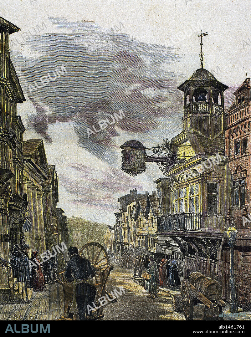 HISTORIA DE INGLATERRA. Vista de la Calle Alta de la ciudad de GUILDFORD (condado de Surrey) en el año 1875. Grabado coloreado obra de Millerlove.