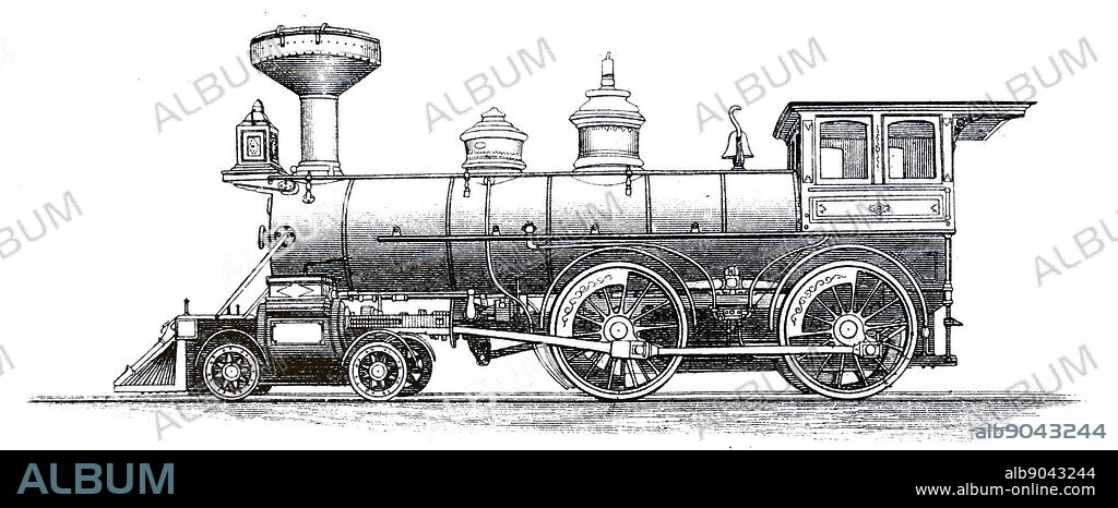 Engraving depicting a 4-4-0 American Express Locomotive. Under the Whyte notation for the classification of steam locomotives by wheel arrangement, 4-4-0 represents the arrangement of four leading wheels on two axles, usually in a leading bogie, four powered and coupled driving wheels on two axles, and no trailing wheels. Dated 19th century.