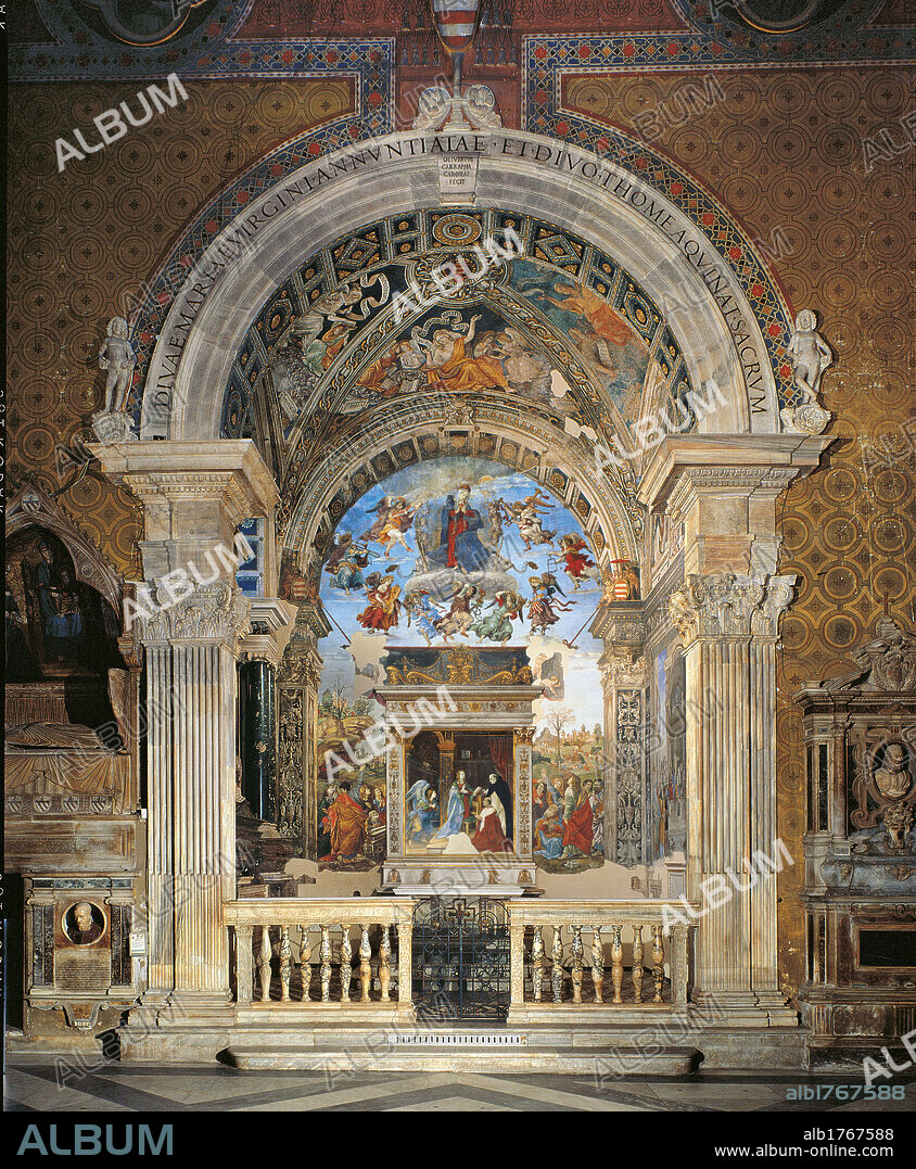 Rome, Basilica of Santa Maria Sopra Minerva decoration of the Carafa Chapel, by Filippino Lippi, 1488-1493, 15th Century, fresco, m 7,116 x 11,1 wall. Italy, Lazio, Rome, Santa Maria Sopra Minerva Basilica, Carafa Chapel. Wall altar Annunciation St Thomas Madonna Mary cardinal Oliviero Carafa Assumption Virgin.