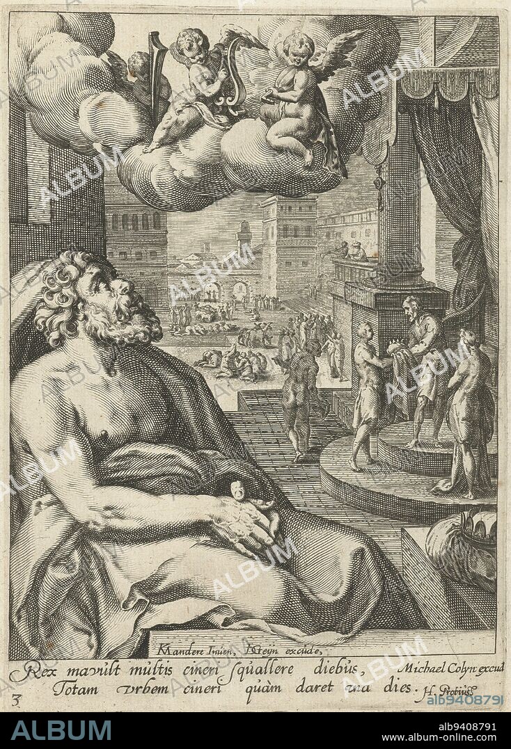 Solomon, seated in an architectural setting, the gaze fixed on three angels in a wreath of clouds above him. In front of him lies a crown - a reference to his kingship. In the middle plan and background scenes from Solomon's life: a man takes something from another man (probably an organ of a slaughtered animal, to read out the future), while groups of people raise their hands to heaven and fall to the ground in worship among cattle - references to Solomon's idolatry. Beneath the performance a two-line Latin text. This print is part of a series of eight repentant sinners, each print in this series consists of an image of a sinner, above him/her a number of (musical) angels in a wreath of clouds, in the background a scene from the life of the sinner in question, below the performance two lines of text in Latin, Solomon as a repentant sinner Eight repentant sinners from the Old and New Testament (series title), print maker: Jacob de Gheyn (II), (workshop of), print maker: Zacharias Dolendo, (attributed to), Karel van Mander (I), (mentioned on object), print maker: Leiden, print maker: Netherlands, publisher: Amsterdam, 1595 - 1596, paper, engraving, h 200 mm × w 143 mm.