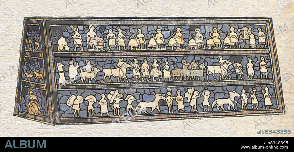 The Standard of Ur is a wooden box found during excavations in the royal cemetery in Ur. It shows two slices of Sumerian life: on one side, a royal banquet and on the other, an army on the march. It is thought that this object of great value was part of a musical instrument, possibly a lyre.